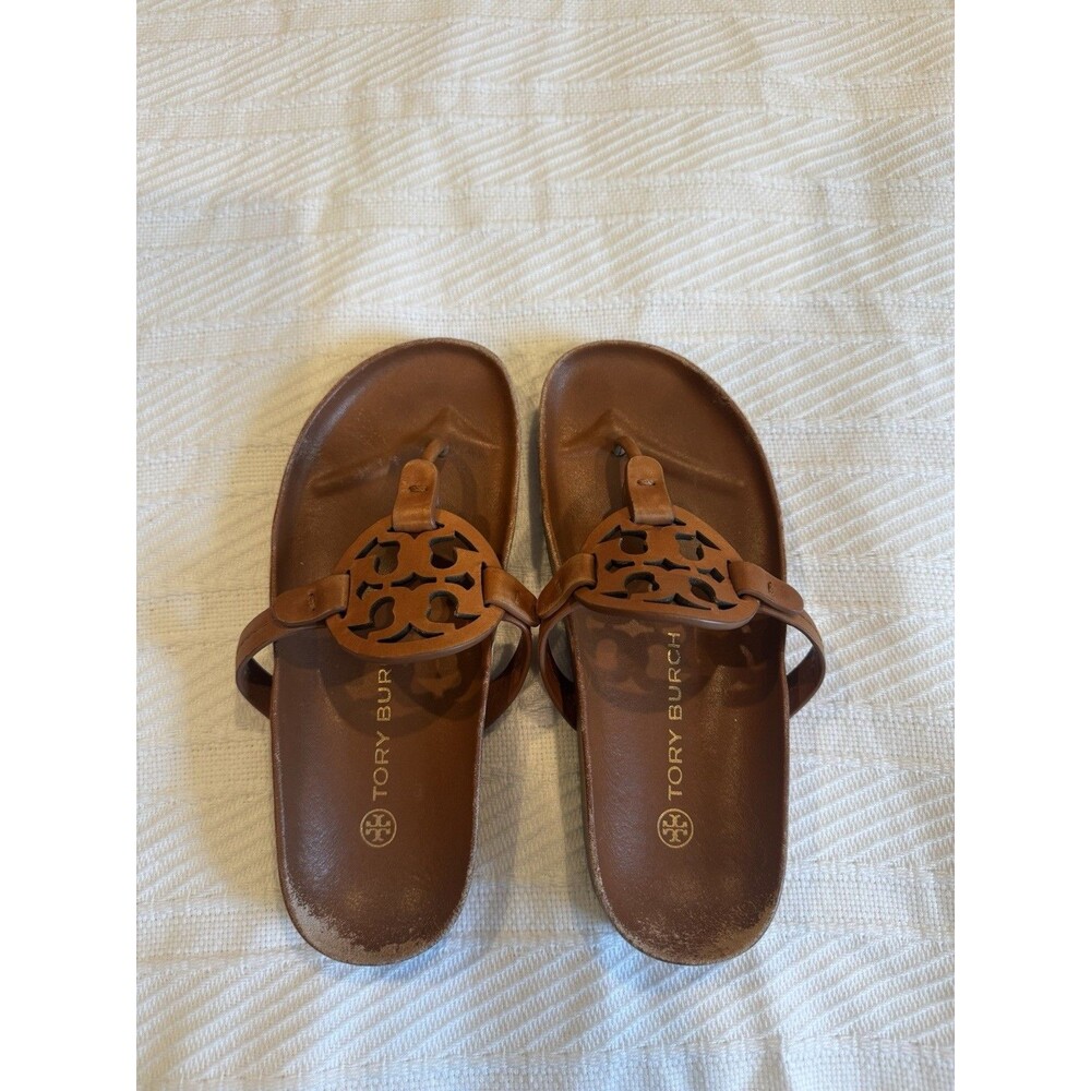 Tory Burch Miller Women’s 5.5 M Brown Leather Platform Wedge Thong Sandals Logo